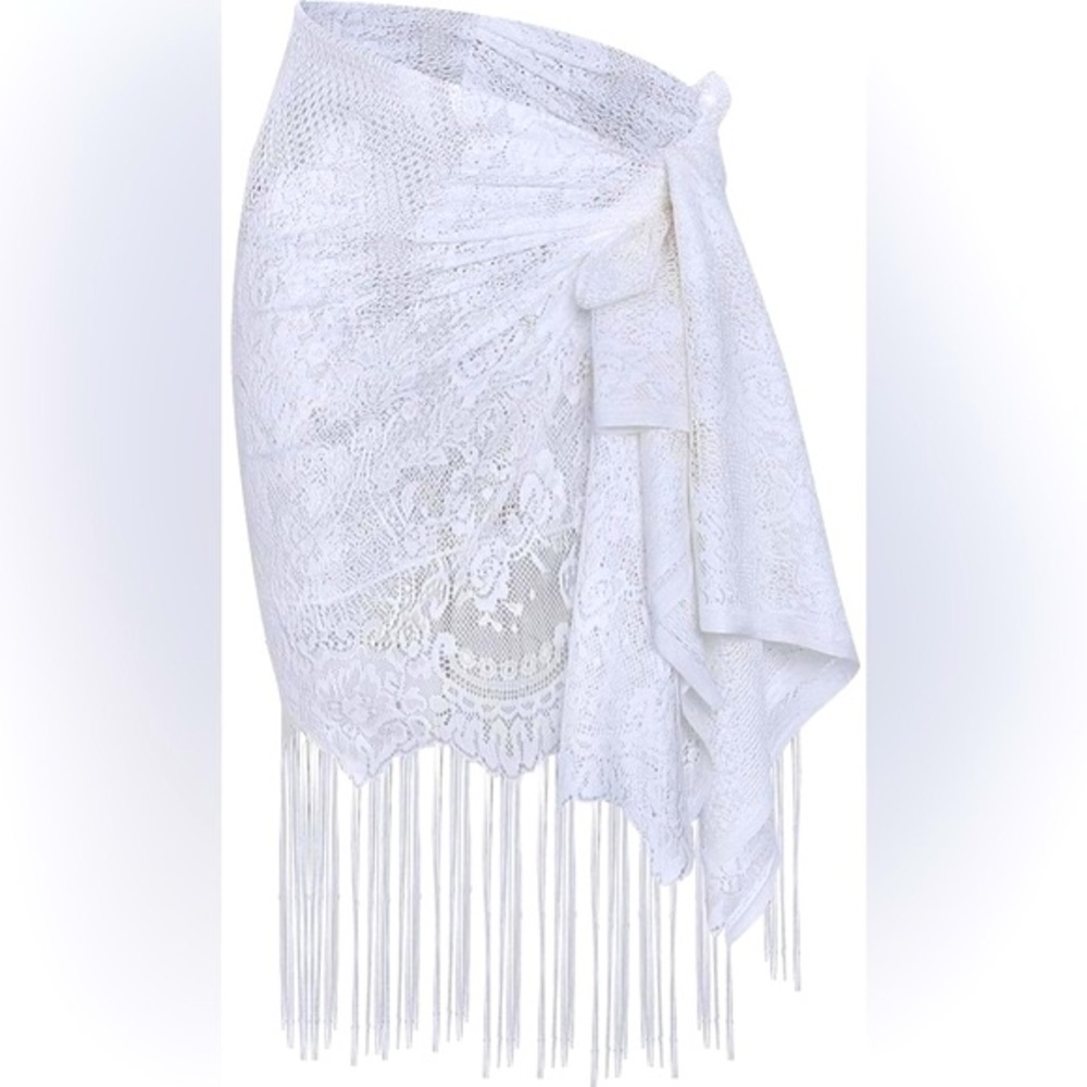 Boho White Lace Crocheted Sarong Swim Coverup Wrap w/ Fringe & Side Ties, NWOT